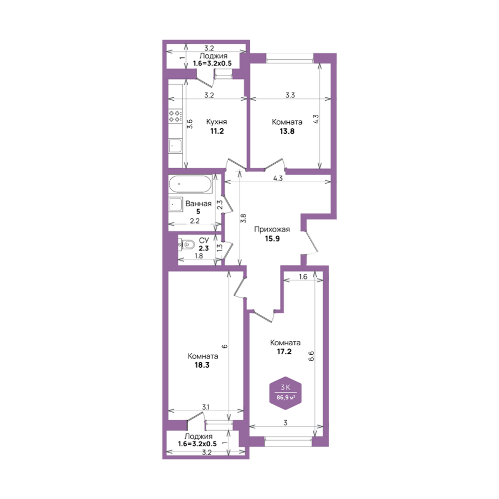 Планировка 3-комнатная квартира 86,9 кв.м. в Краснодаре