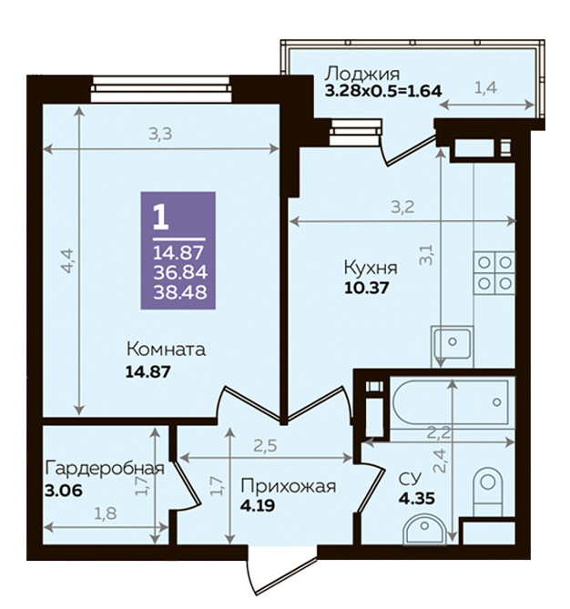 Планировка 1-комнатная квартира 38,48 кв.м. в Краснодаре