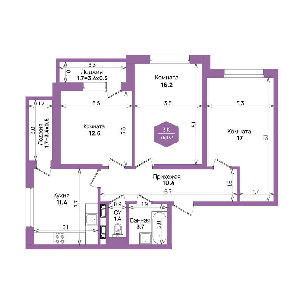Планировка 3-комнатная квартира 76,1 кв.м. в Краснодаре