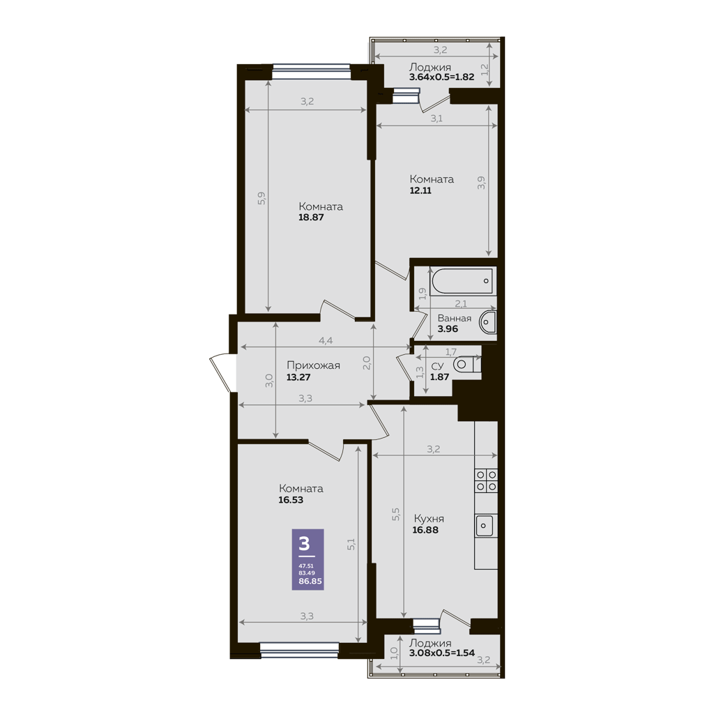 Планировка 3-комнатная квартира 86,85 кв.м. в Краснодаре