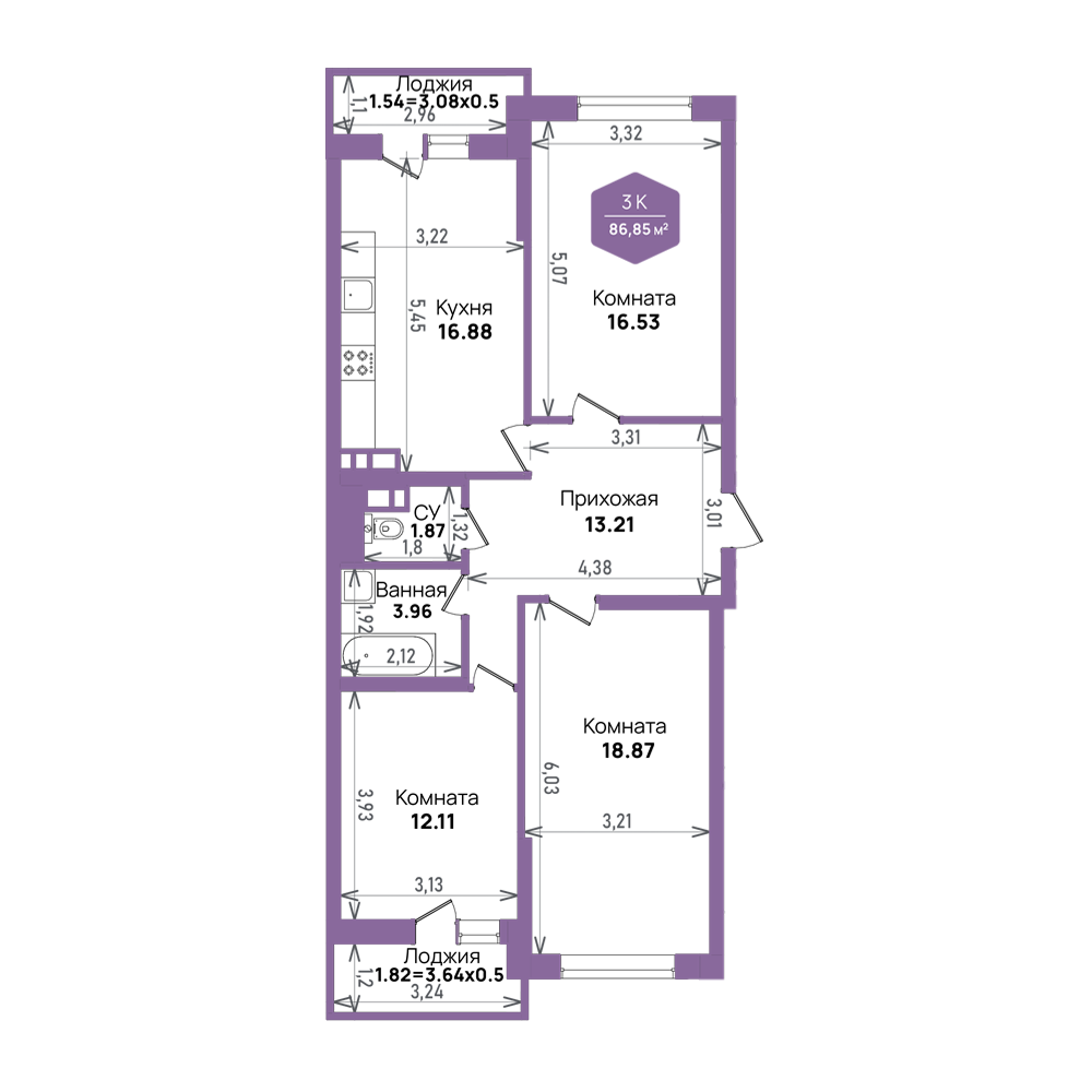 Планировка 3-комнатная квартира 86,85 кв.м. в Краснодаре