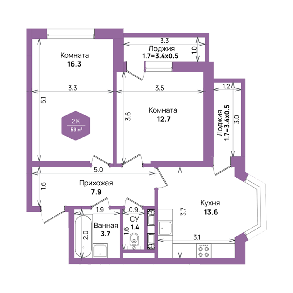Планировка 2-комнатная квартира 59 кв.м. в Краснодаре