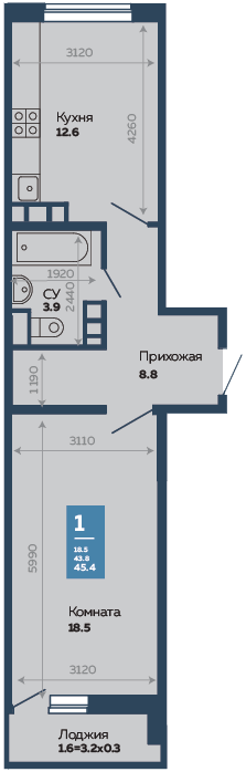 Продажа - 1-комнатная квартира 45,4 кв.м. в Краснодаре