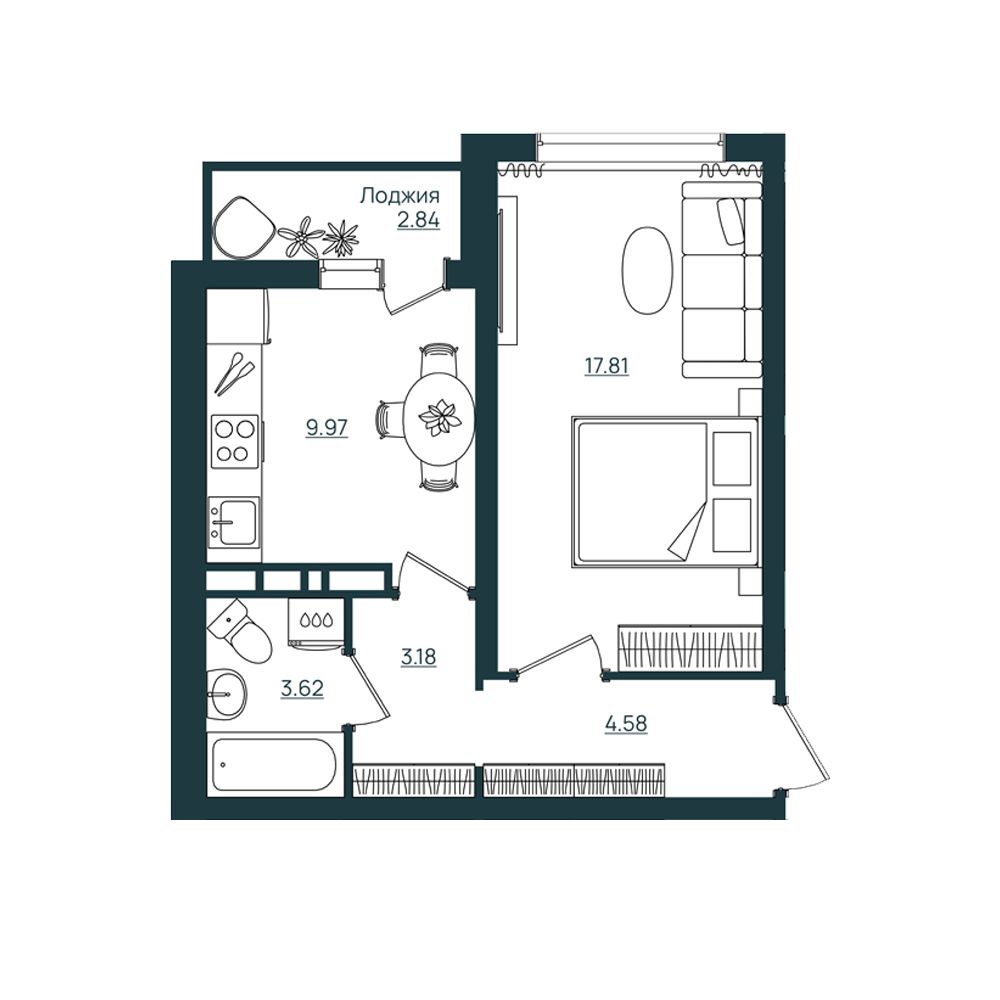 1-комнатная квартира 40,58м²