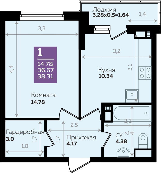 Планировка 1-комнатная квартира 38,31 кв.м. в Краснодаре