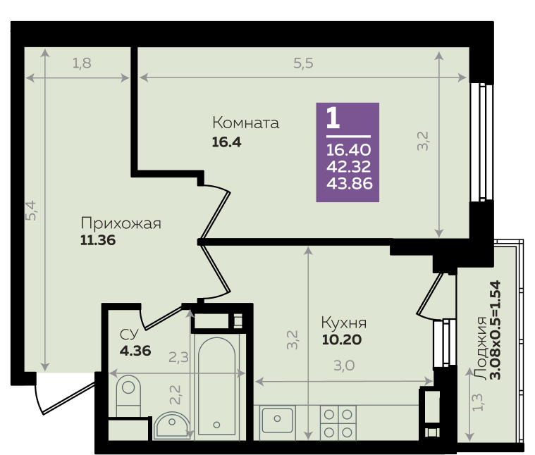 Планировка 1-комнатная квартира 43,86 кв.м. в Краснодаре