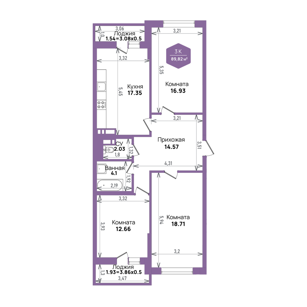 Планировка 3-комнатная квартира 89,82 кв.м. в Краснодаре