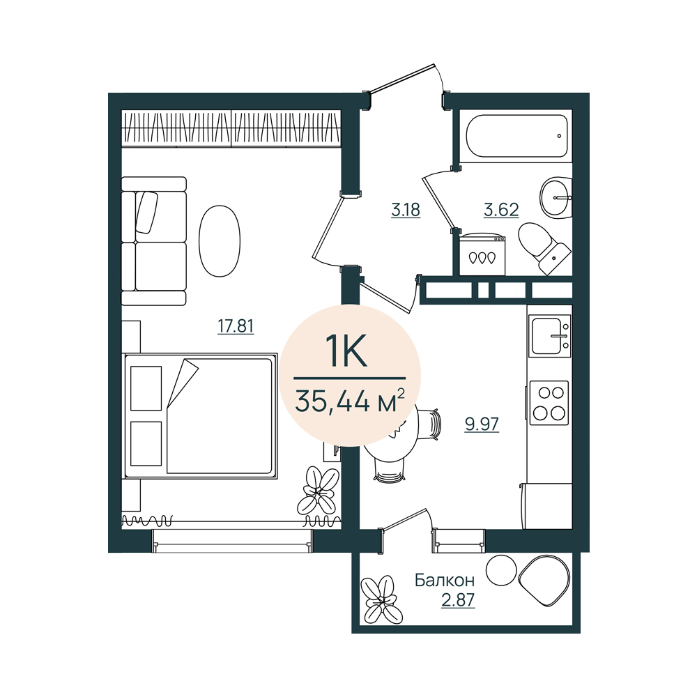 Продажа - 1-комнатная квартира 35,44 кв.м.