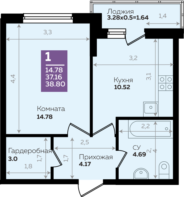 Продажа - 1-комнатная квартира 38,8 кв.м. в Краснодаре