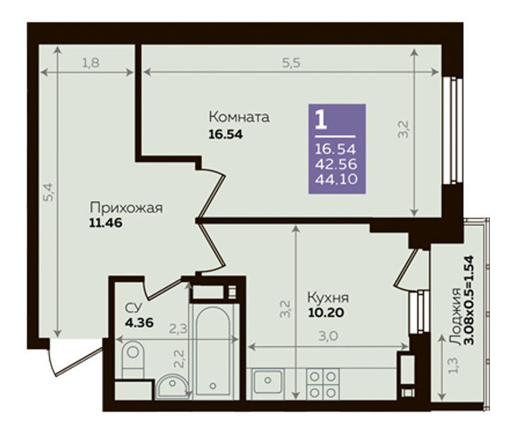 Продажа - 1-комнатная квартира 42,6 кв.м. в Краснодаре