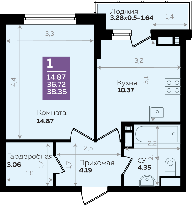 Продажа - 1-комнатная квартира 38,36 кв.м. в Краснодаре