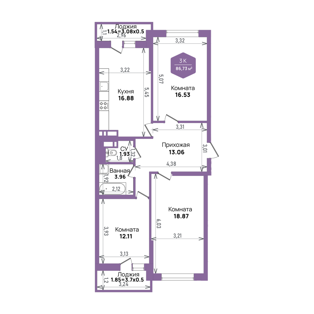 Планировка 3-комнатная квартира 86,73 кв.м. в Краснодаре