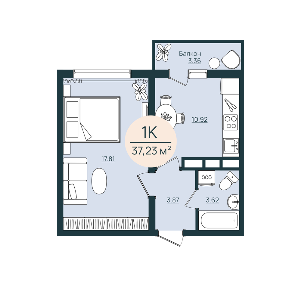 Продажа - 1-комнатная квартира 37,23 кв.м.