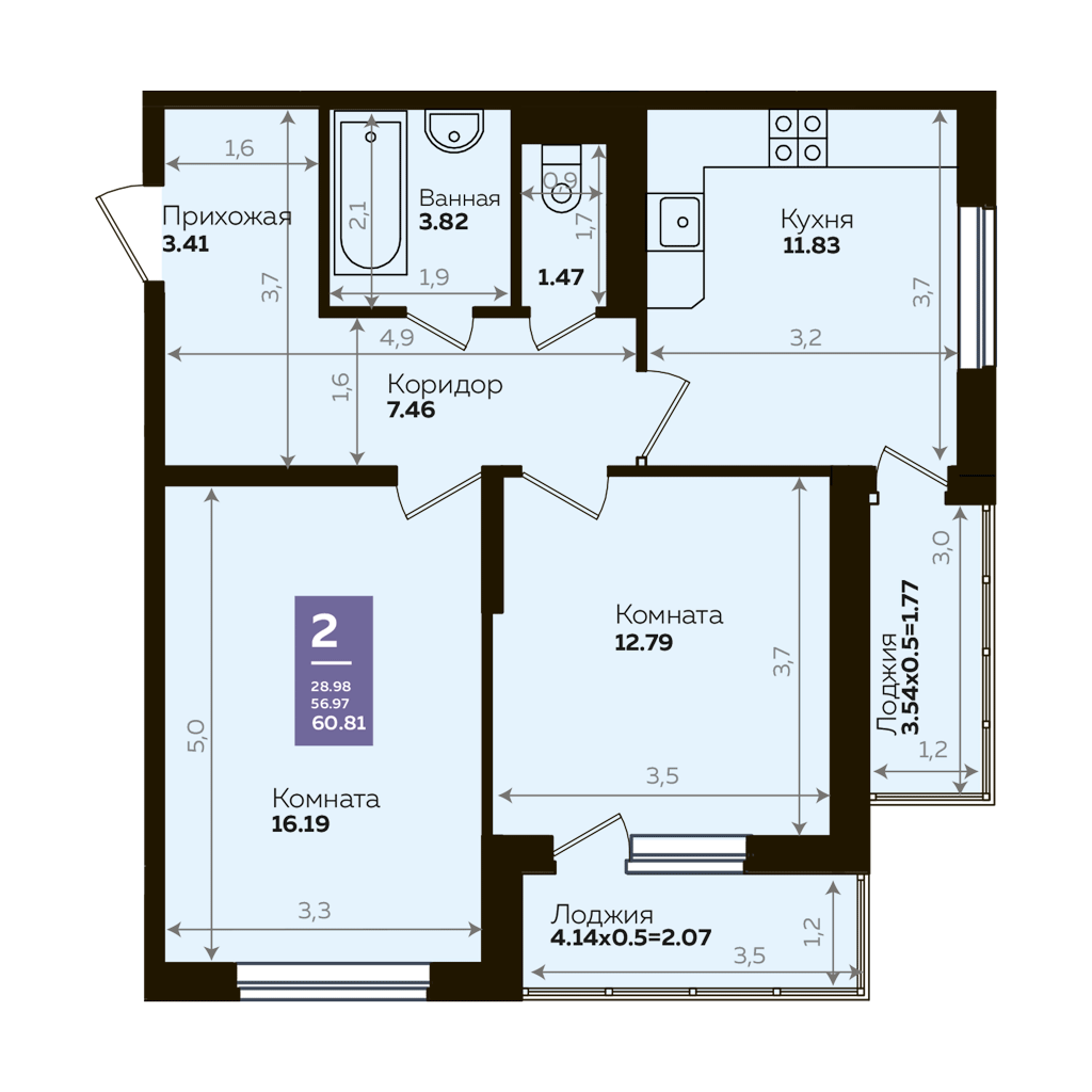 Планировка 2-комнатная квартира 57,4 кв.м. в Краснодаре