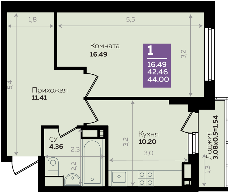 Продажа - 1-комнатная квартира 42,7 кв.м.