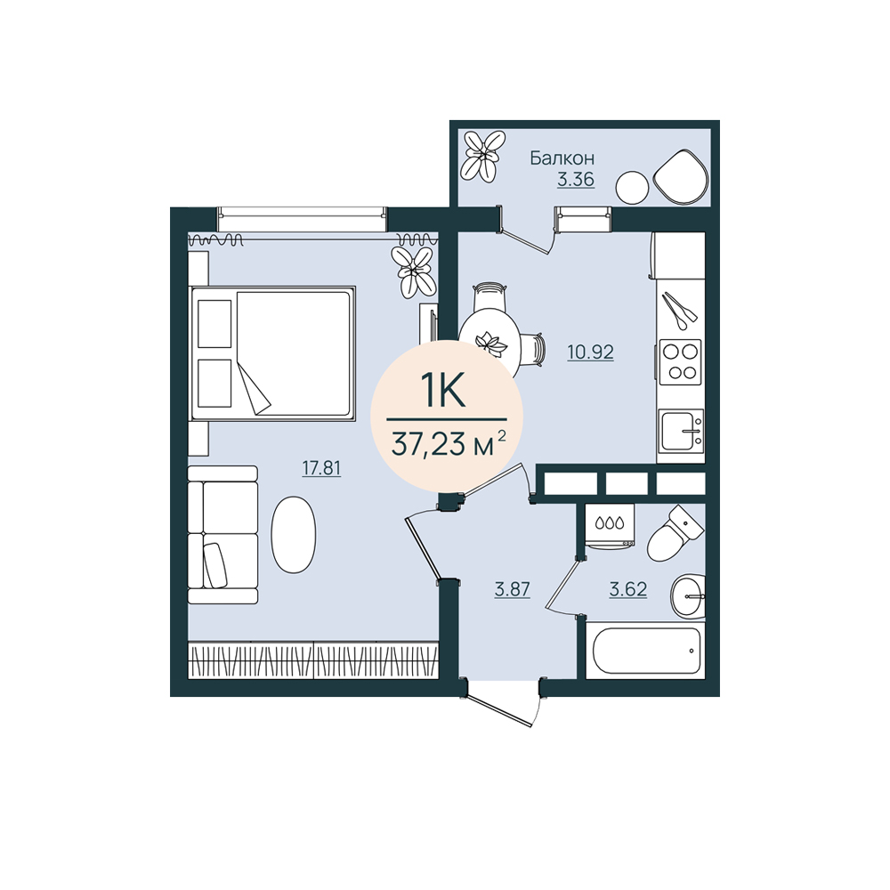 Продажа - 1-комнатная квартира 37,23 кв.м.