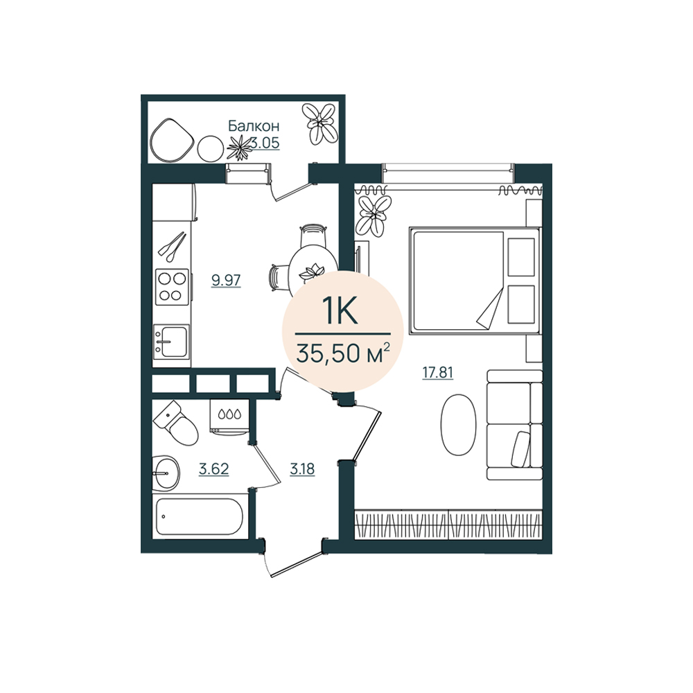 Продажа - 1-комнатная квартира 35,5 кв.м.