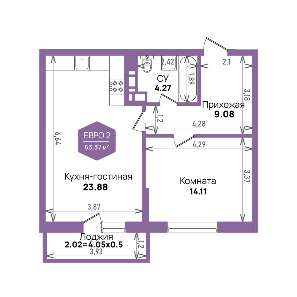 Продажа - Евро 2-комнатная 53,37 кв.м. в Краснодаре