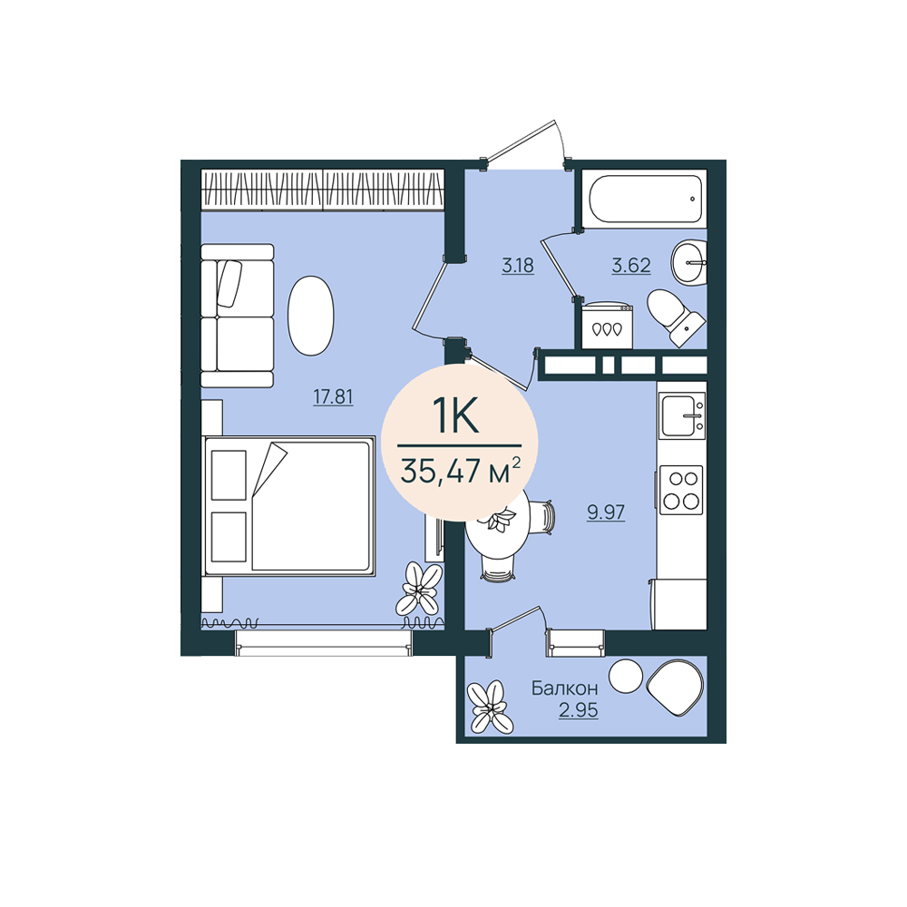 Продажа - 1-комнатная квартира 35,47 кв.м.