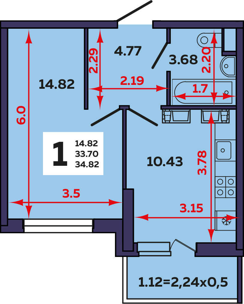 Продажа - 1-комнатная квартира 34,77 кв.м. в Краснодаре