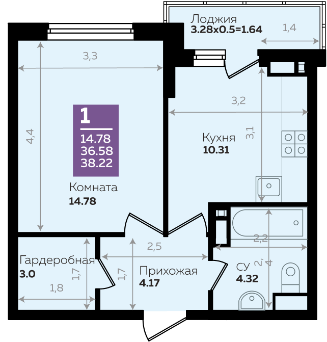 Продажа - 1-комнатная квартира 38,22 кв.м. в Краснодаре