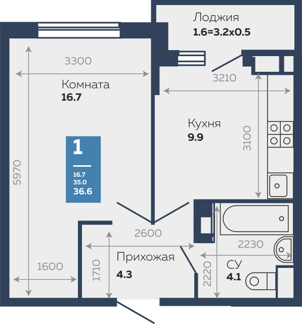 Продажа - 1-комнатная квартира 36,6 кв.м. в Краснодаре