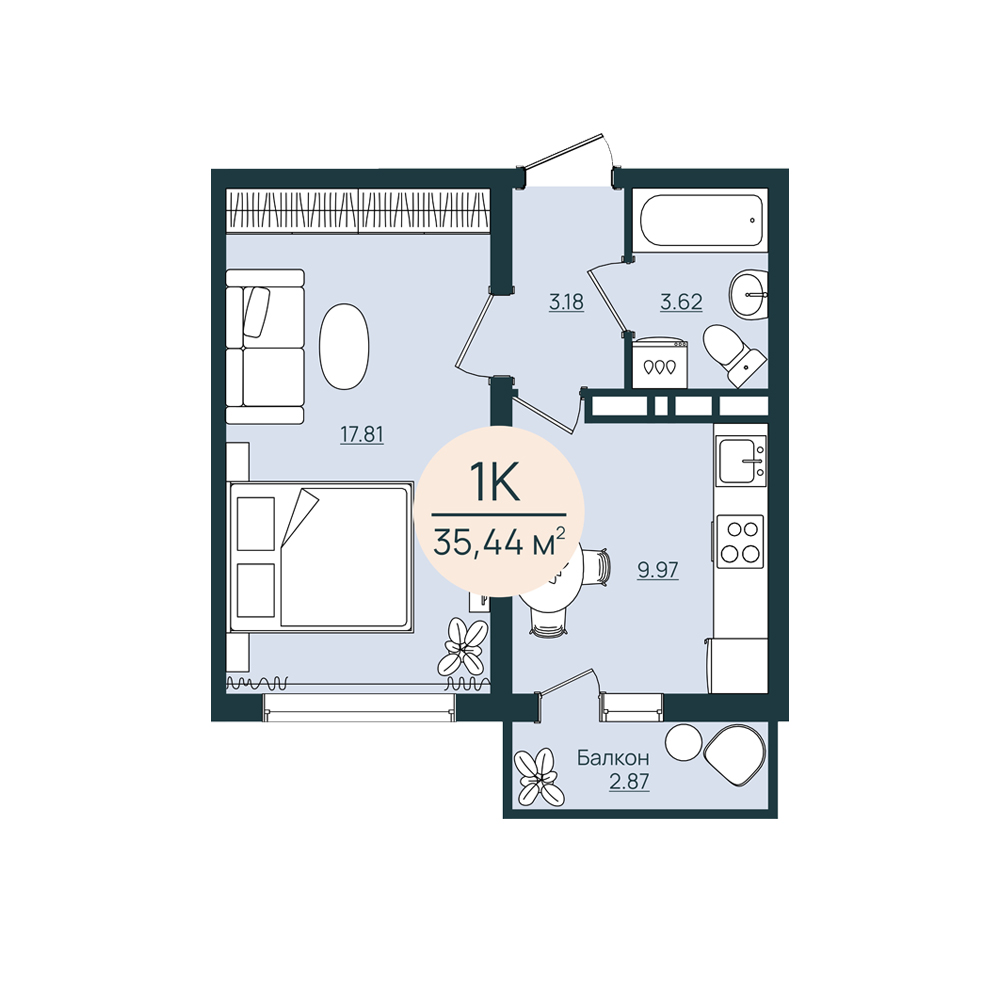 Продажа - 1-комнатная квартира 35,44 кв.м.