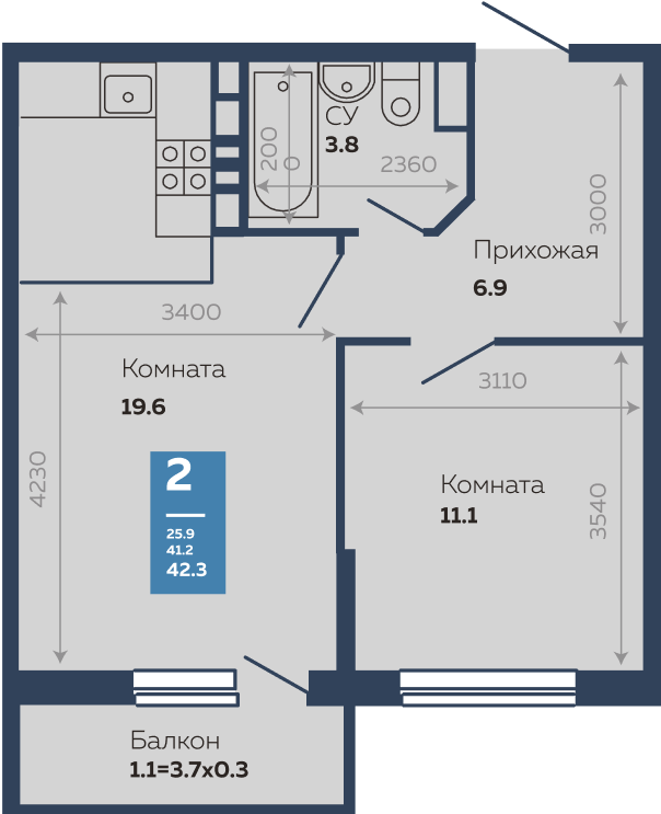 Продажа - 1-комнатная квартира 42,3 кв.м. в Краснодаре