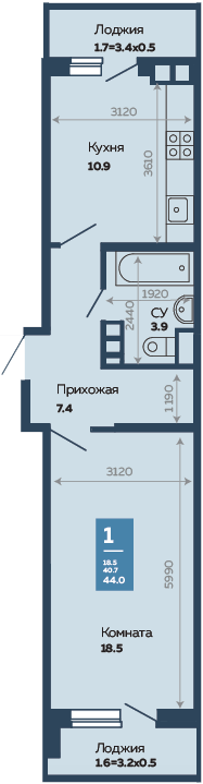 Продажа - 1-комнатная квартира 44 кв.м. в Краснодаре