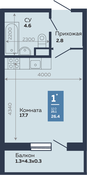 Продажа - Квартира-студия 26,4 кв.м. в Краснодаре