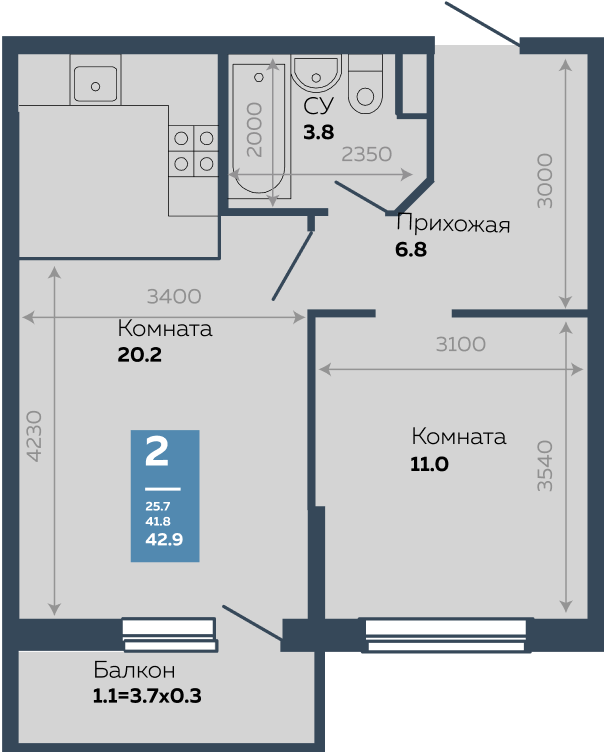 Продажа - 1-комнатная квартира 42,9 кв.м. в Краснодаре