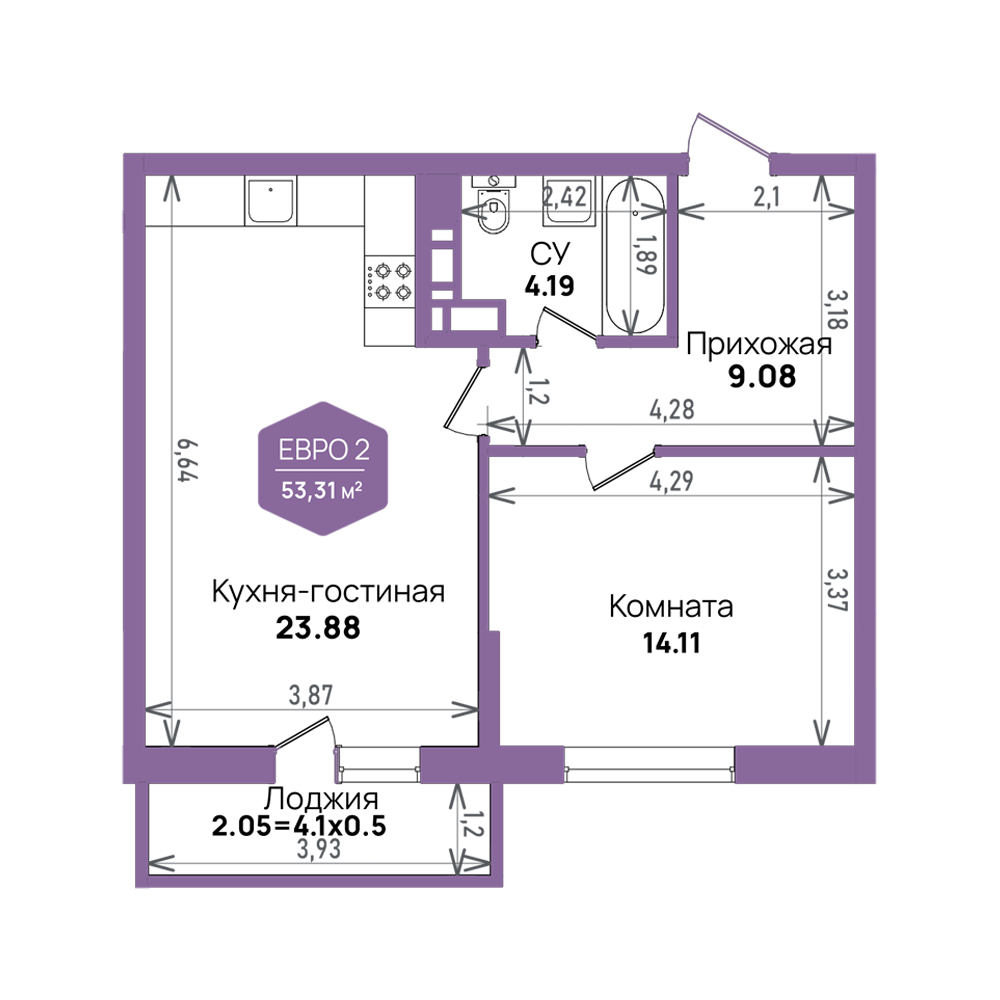 Продажа - Евро 2-комнатная 53,31 кв.м. в Краснодаре