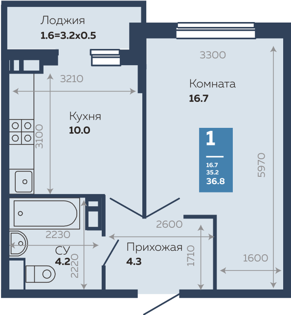 Продажа - 1-комнатная квартира 36,8 кв.м. в Краснодаре
