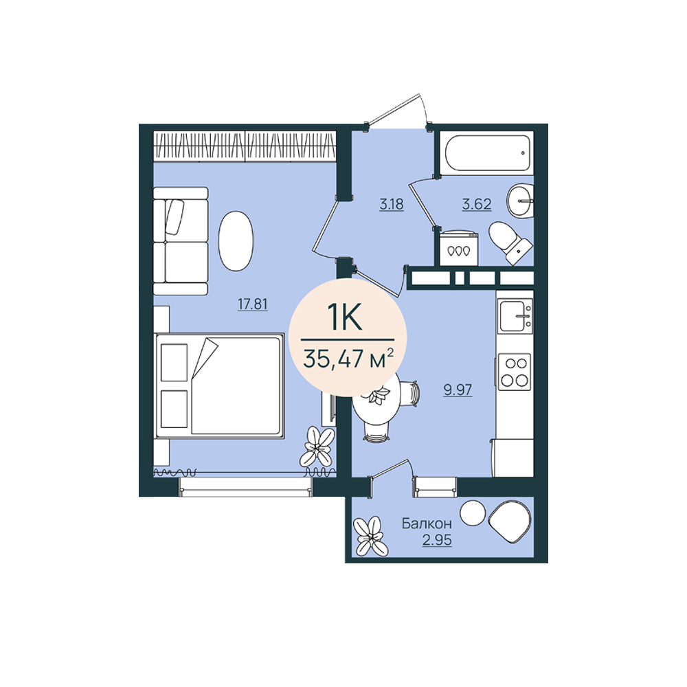 Продажа - 1-комнатная квартира 35,47 кв.м.